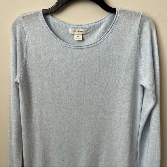 Club Monaco Lana Linen Blend Sweater Blue Button Cuff Rolled Neck Coastal SP - Picture 5 of 14